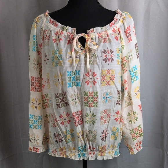 Cato Blue Cream Tie Front 3/4 Sleeve Blouse - Picture 1 of 9